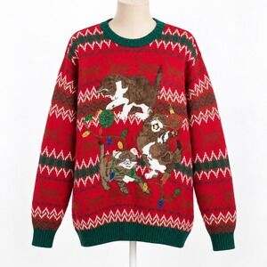 Vintage Y2K Ugly Christmas Kitten Sweater Size L Cat Lover Novelty Cottagecore
